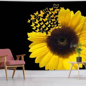 Sunflower Tapestry Yellow Floral Butterfly Botanical Plant Black Background Farmhouse Wild Flower Tapestry Wall Hanging